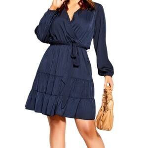 City Chic dress Pretty tier long sleeve faux wrap navy blue size XXL 24